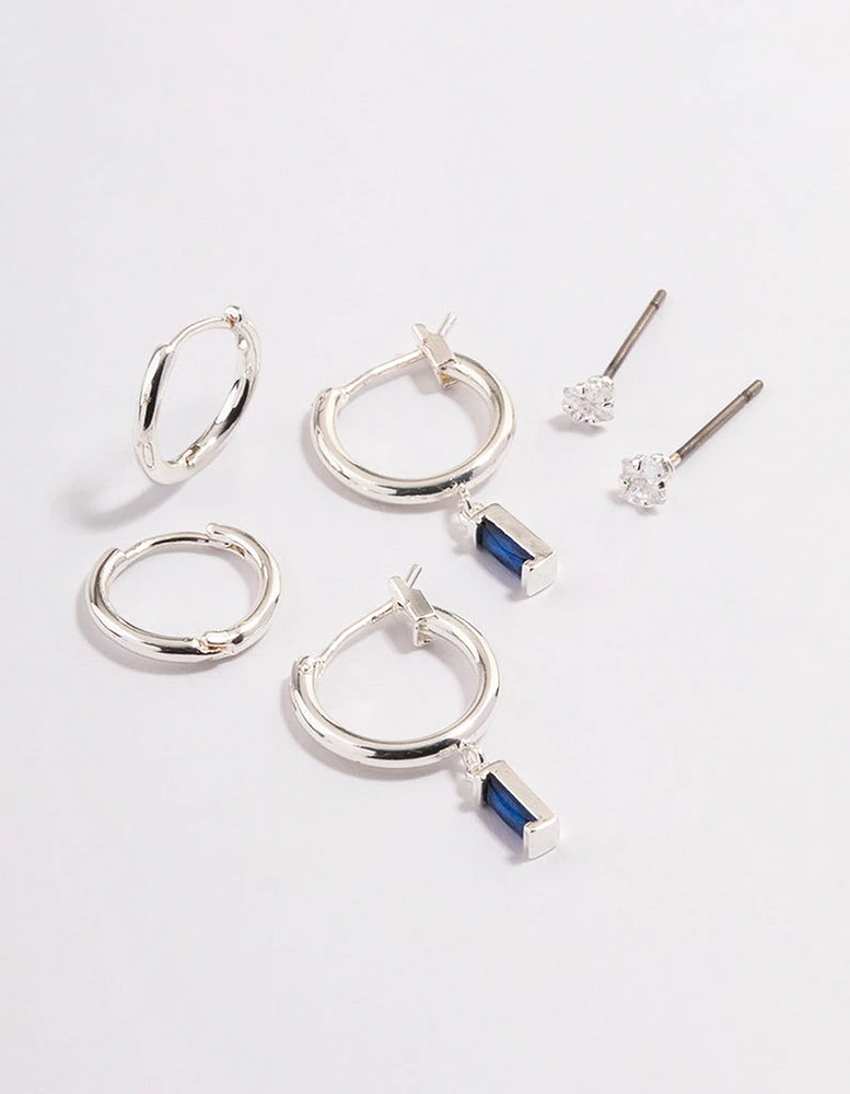 Silver Plated Cubic Zirconia Sapphire Cut Huggie Earrings 6-Pack