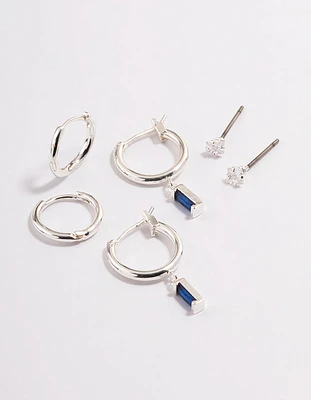 Silver Plated Cubic Zirconia Sapphire Cut Huggie Earrings 6-Pack