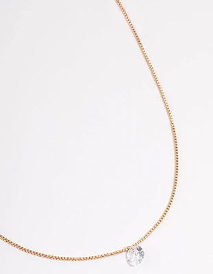 Gold Single Cubic Zirconia Box Chain Necklace