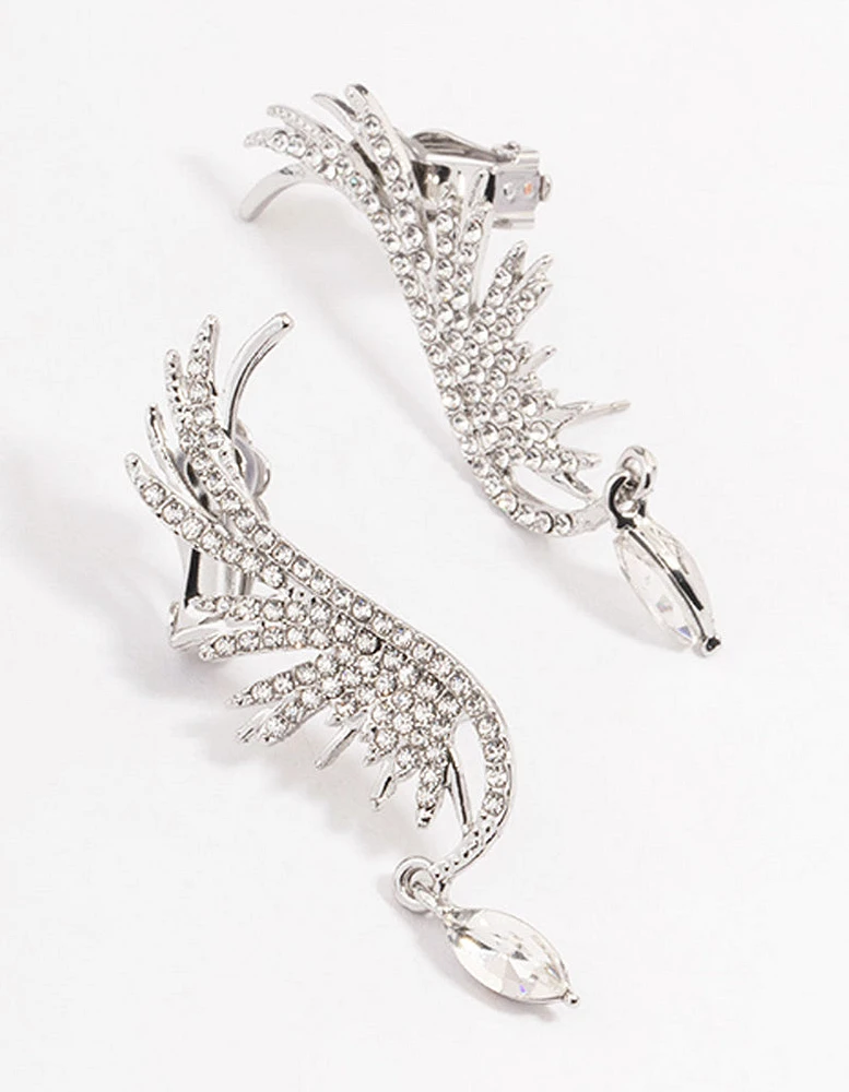 Rhodium Diamante Wing Drop Cuff Earrings