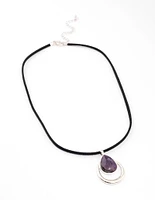 Silver Amethyst Double Teardrop Cord Necklace