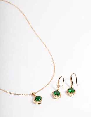 Cubic Zirconia Gold Square Cushion Earrings & Necklace