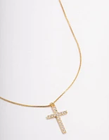 Gold Plated Diamante Cross Fine Chain Necklace
