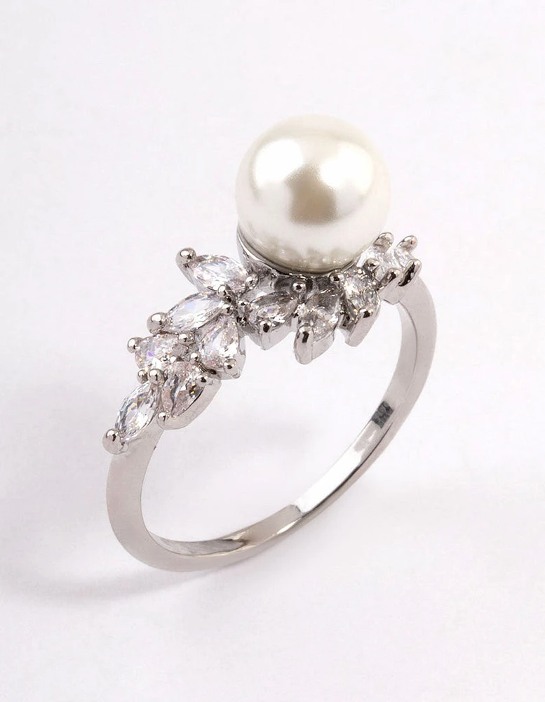 Silver Leafy Pearl Ring