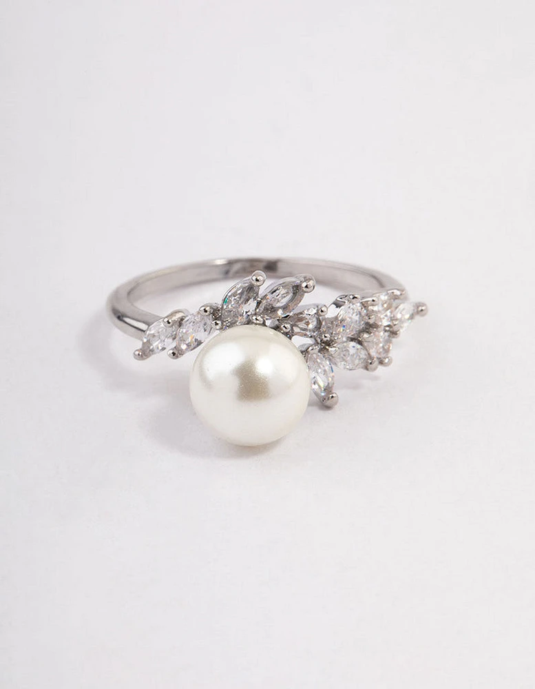 Silver Leafy Pearl Ring