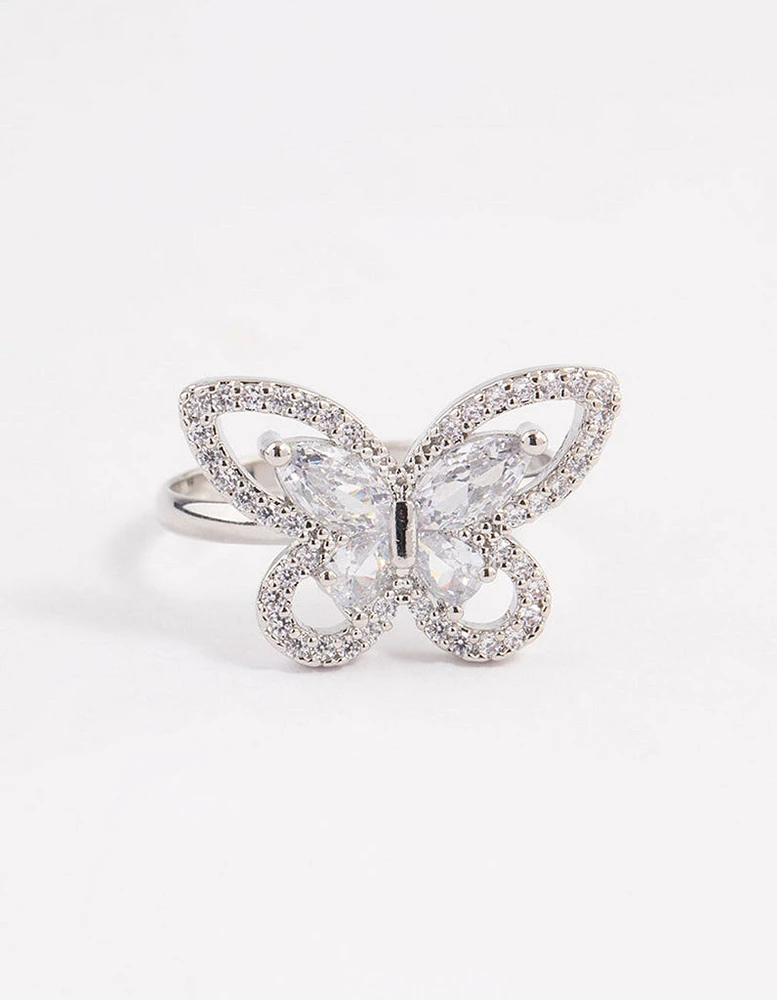 Rhodium Sparkling Butterfly Cocktail Ring