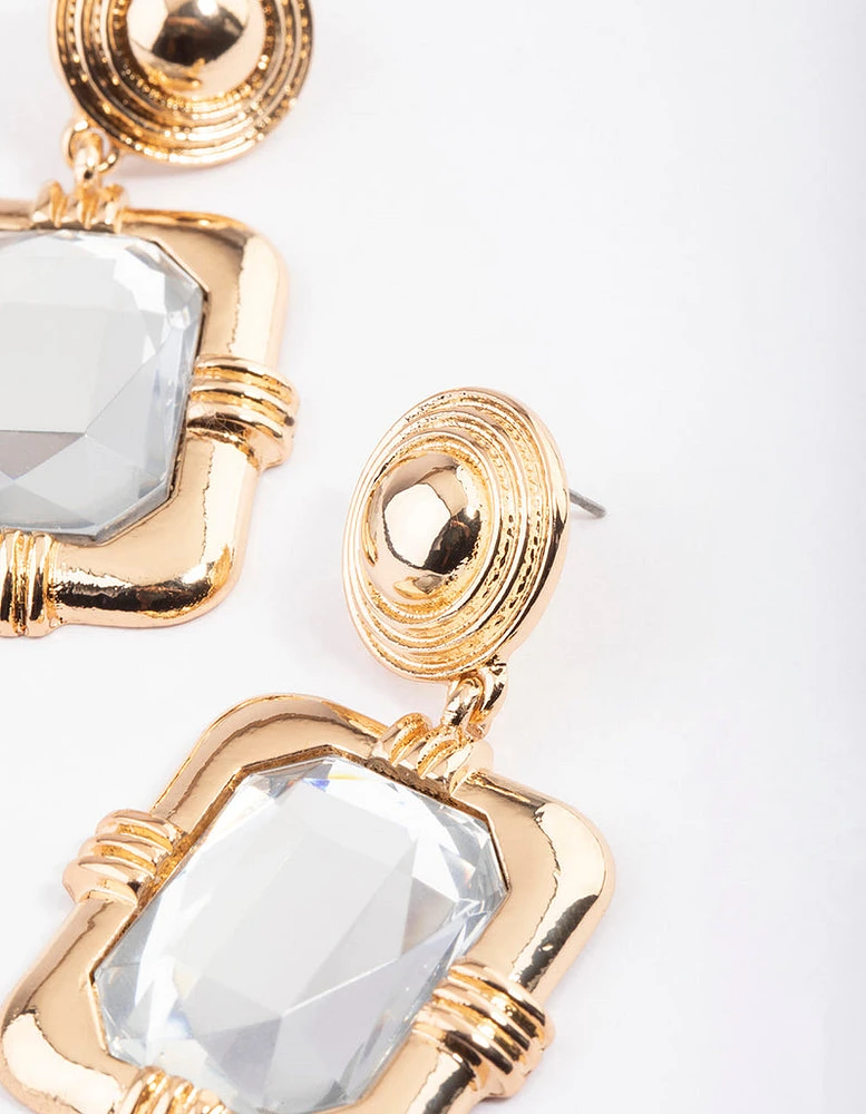 Gold Framed Square Crystal Drop Earrings