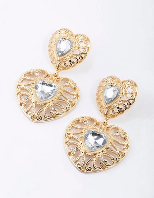 Gold Crystal Textured Heart Earrings