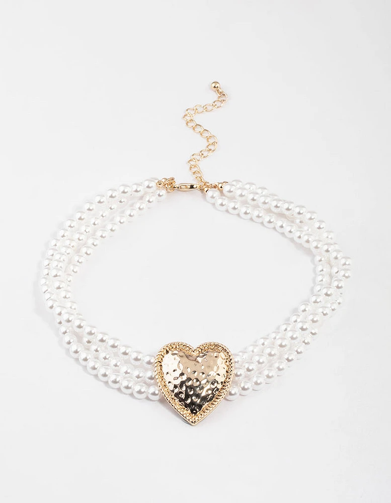 Gold Hammered Heart Pearl Choker