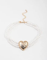 Gold Hammered Heart Pearl Choker