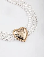 Gold Hammered Heart Pearl Choker