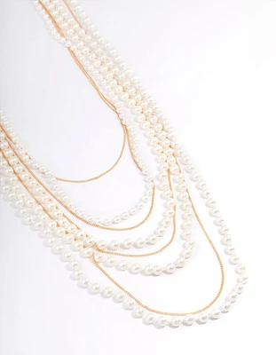 Gold Pearl Long Layered Necklace