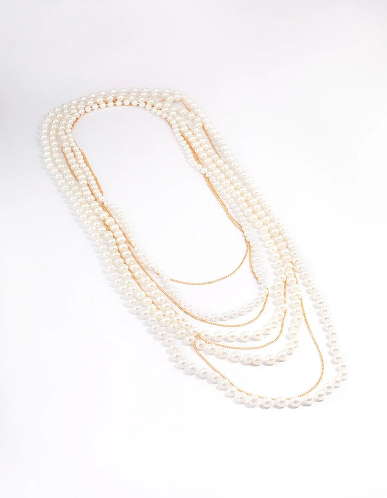 Gold Pearl Long Layered Necklace