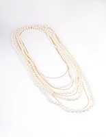 Gold Pearl Long Layered Necklace