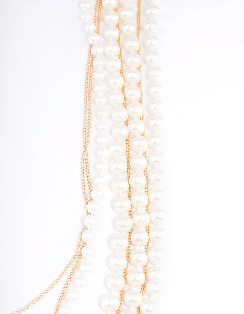 Gold Pearl Long Layered Necklace