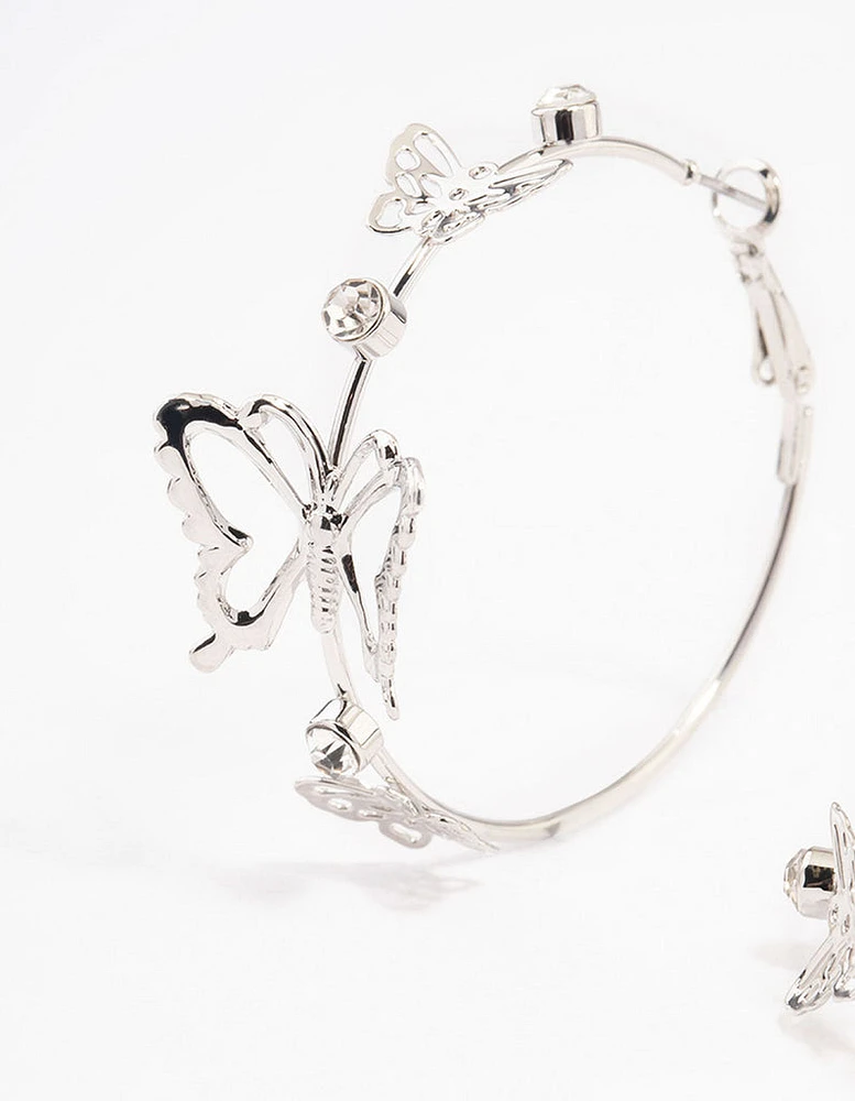 Rhodium Butterfly Hoop Earrings