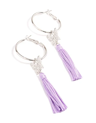 Rhodium Purple Flower Tassel Hoop Earrings