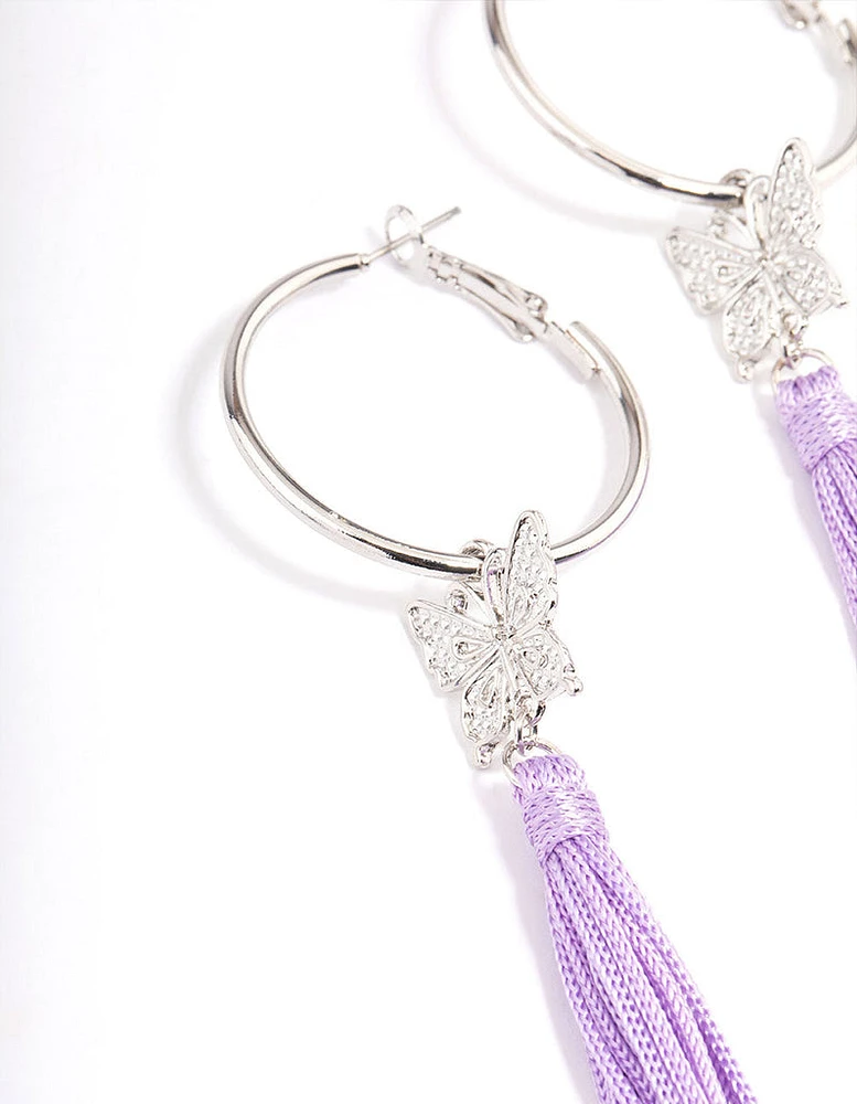 Rhodium Purple Flower Tassel Hoop Earrings