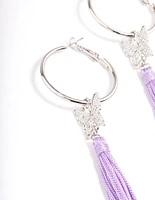 Rhodium Purple Flower Tassel Hoop Earrings