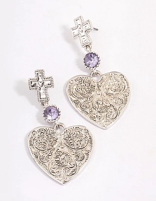 Antique Silver Textured Heart Cross Earrings