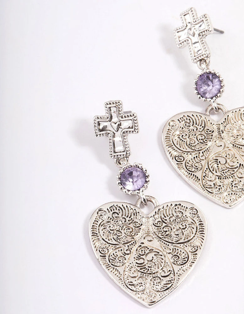 Antique Silver Textured Heart Cross Earrings