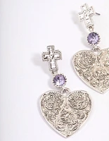 Antique Silver Textured Heart Cross Earrings