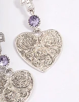 Antique Silver Textured Heart Cross Earrings