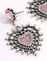 Antique Silver Pink Sparkle Heart Earrings