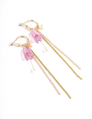 Gold Purple Fower Chain Drop Earrings