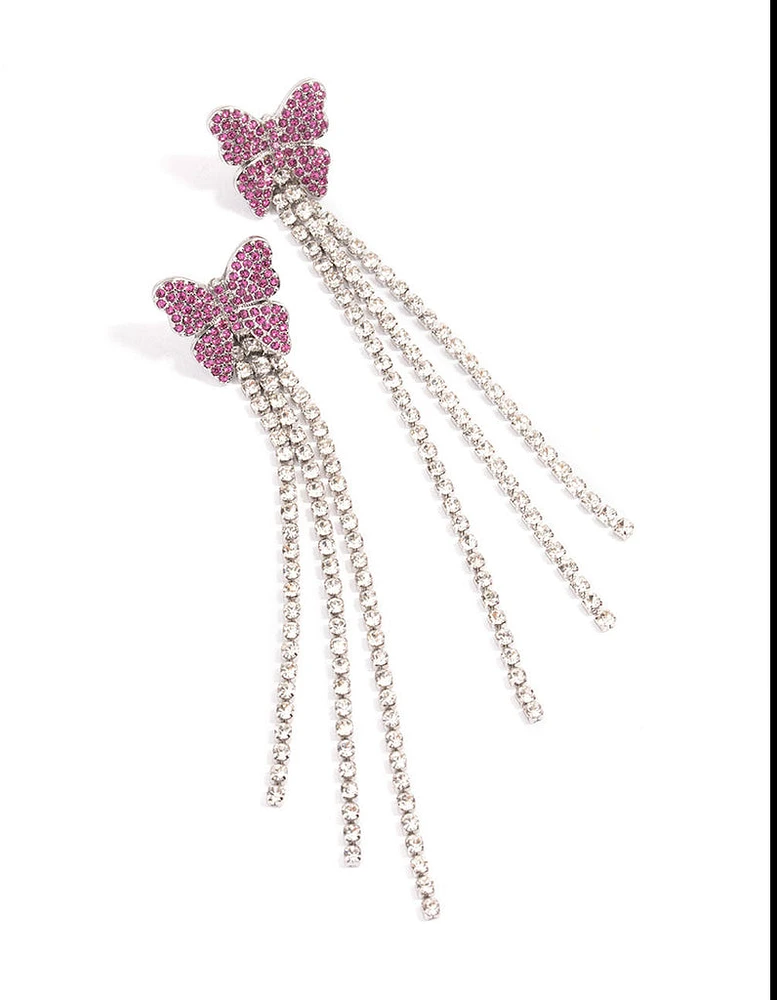 Rhodium Pink Butterfly Curb Chain Earrings
