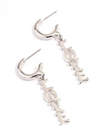 Rhodium Love Text Earrings