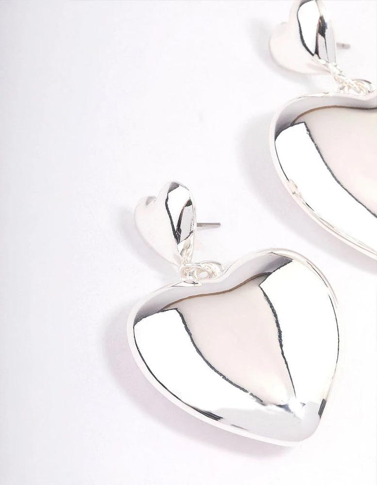 Rhodium Puffy Heart Statement Earrings