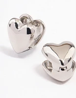 Rhodium Puffy Heart Huggie Earrings