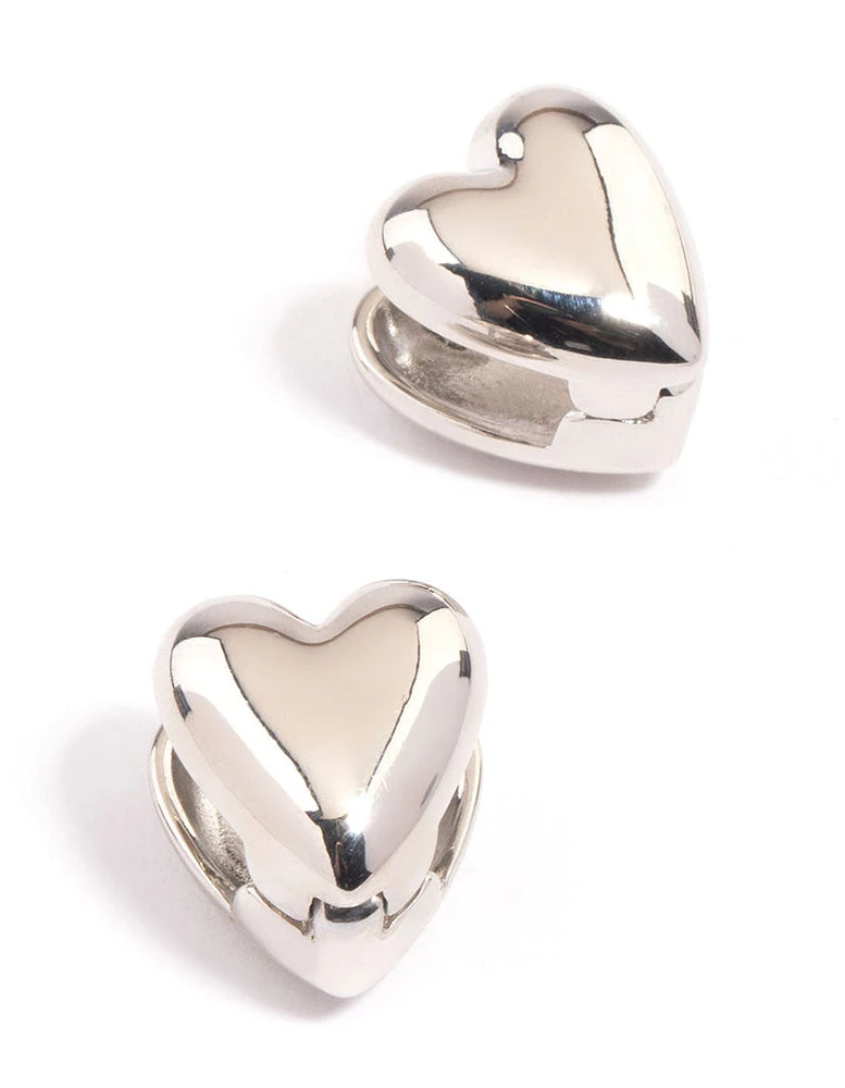 Rhodium Puffy Heart Huggie Earrings