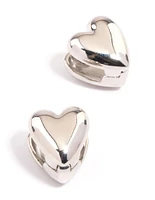 Rhodium Puffy Heart Huggie Earrings