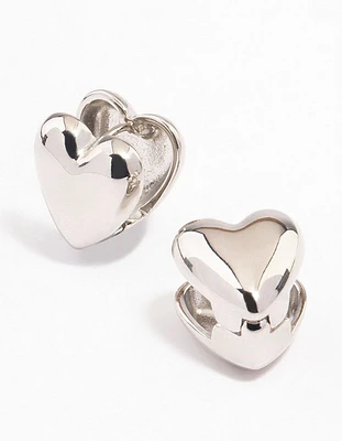 Rhodium Puffy Heart Huggie Earrings