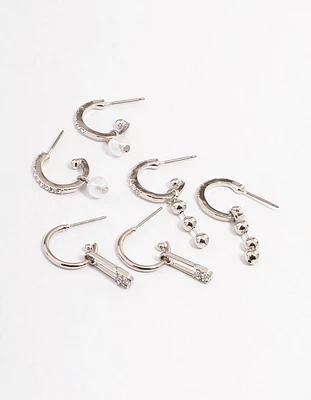 Rhodium Safety Pin Stacker Earrings