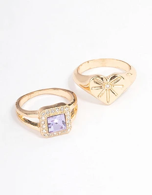 Purple Crystal Heart Ring Pack
