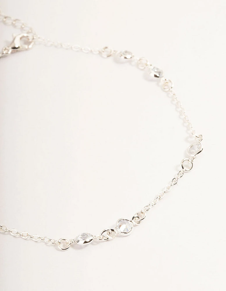 Silver Cubic Zirconia Station Anklet