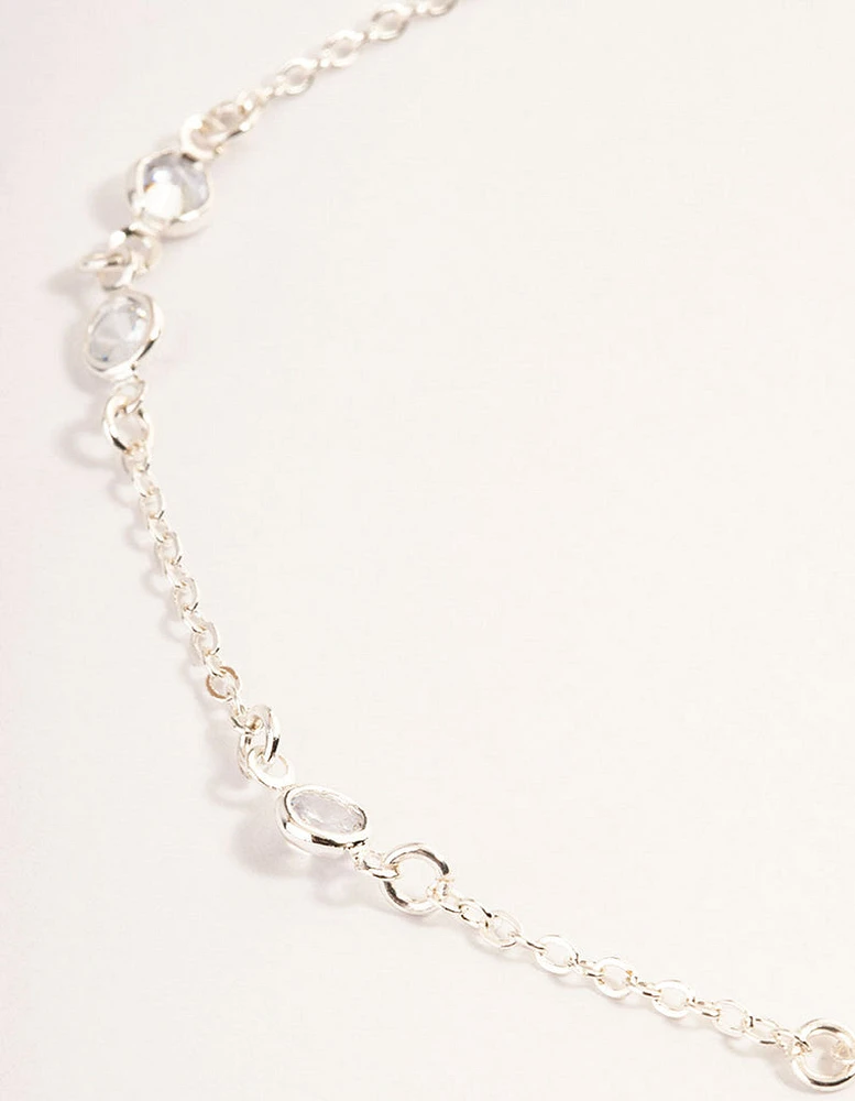 Silver Cubic Zirconia Station Anklet