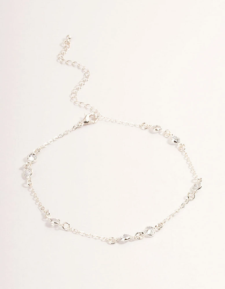 Silver Cubic Zirconia Station Anklet