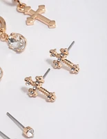 Gold Cross Diamante Huggie Earrings 4-Pack