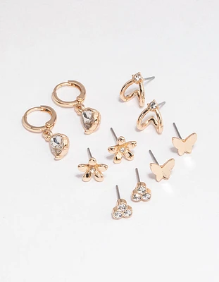 Gold Diamante Flower Butterfly Earrings 5-Pack