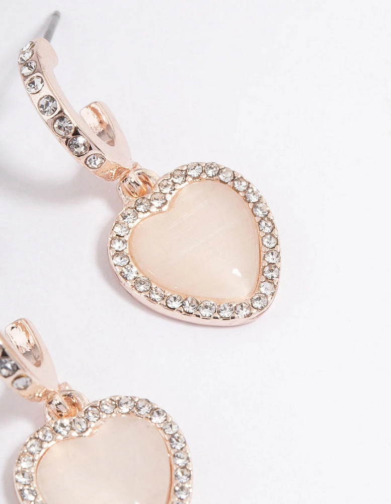 Rose Gold Catseye Diamante Heart Huggie Earrings