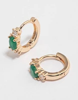 Gold & Green Stone Diamante Mini Huggie Earrings