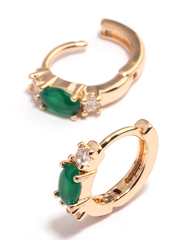 Gold & Green Stone Diamante Mini Huggie Earrings