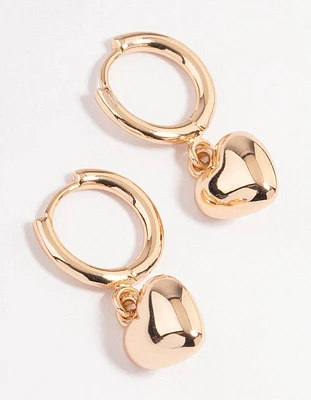 Gold Puffy Heart Drop Huggie Earrings