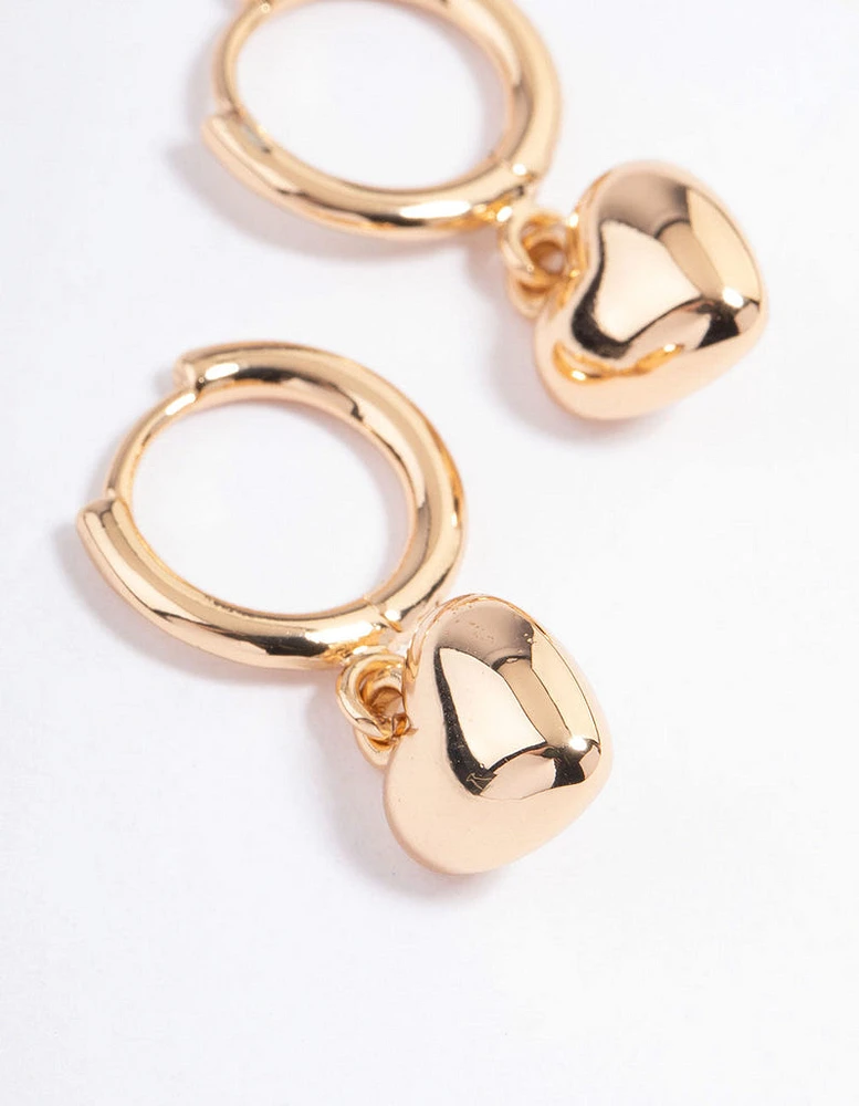 Gold Puffy Heart Drop Huggie Earrings