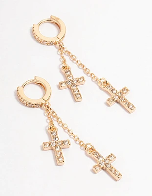 Gold Diamante Double Cross Huggie Earrings