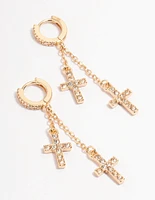 Gold Diamante Double Cross Huggie Earrings